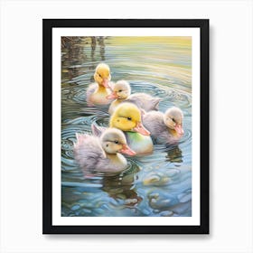 Ducklings Swimming In The River Pencil Illustration 2 Art Print