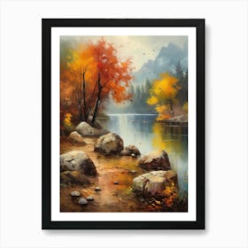 Autumn Lake,Forest Lake, Vintage Oil Painting, Farmhouse Wall Decorations, Antique Landscape, Vintage Landscape Oil Painting.2 6 Art Print