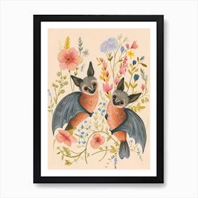 Folksy Floral Animal Drawing Bat 2 Art Print