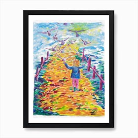 Colourful Child'S Journey Chasing Doves Art Print