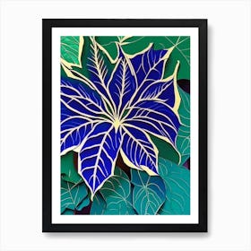 Poinsettia Leaf Colourful Abstract Linocut Art Print