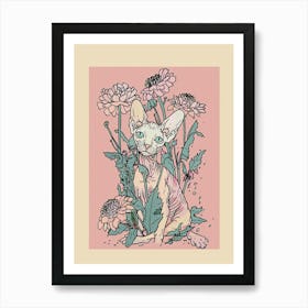 Cute Sphynx Cat With Flowers Illustration 1 Art Print