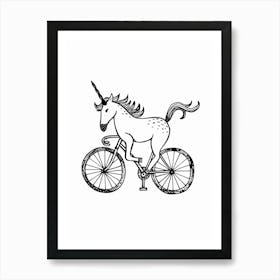 Unicorn On A Bike Minimalist Black & White Illustration Art Print