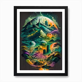 Colorful Green City of Dreams Painting Art Print