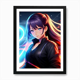 Anime Girl With Blue Lights Art Print