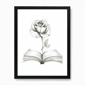 English Rose In A Book Line Drawing 3 Art Print
