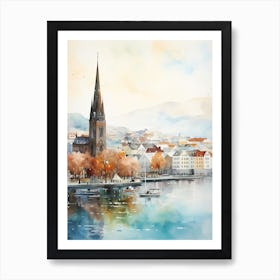 Reykjavik Iceland In Autumn Fall, Watercolour 2 Art Print