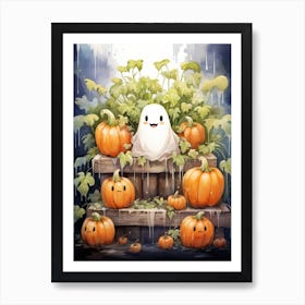 Cute Bedsheet Ghost, Botanical Halloween Watercolour 52 Art Print