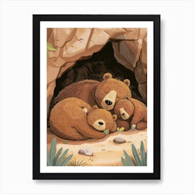 Brown Bear Family Sleeping In A Cave Storybook Illustration 2 Art Print