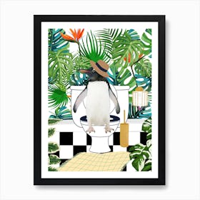 Penguin on Toilet Funny Animal Bathroom Art Print