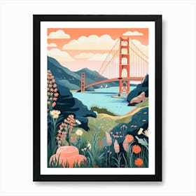 The Golden Gate Bridge   San Francisco, Usa   Cute Botanical Illustration Travel 1 Art Print