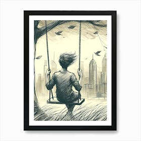 Moody Man on Swing Sketch 12 Art Print