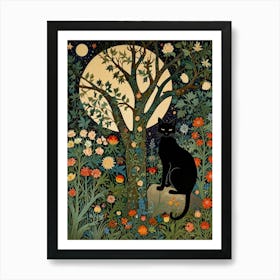 Cat In The Moonlight Style William Morris 7 Art Print