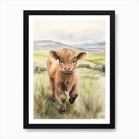 Cute Watercolour Portrait Of Highland Cow Calf 2 Art Print