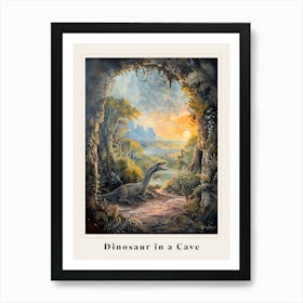 Dinosaur In A Cave At Sunrise Painting Poster Art Print