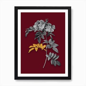 Vintage Shining Rosa Lucida Black and White Gold Leaf Floral Art on Burgundy Red n.0379 Art Print