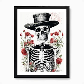 Floral Skeleton With Hat Ink Painting (15) Art Print