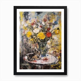 Lisianthus With A Cat 1 Abstract Expressionism  Art Print