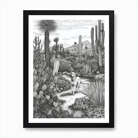 Drawing Of A Dog In Desert Botanical Garden, Usa In The Style Of Black And White Colouring Pages Line Art 03 Art Print