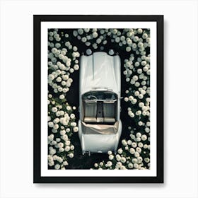 White Car Surrounded By Flowers Art Print