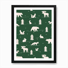 Forest Animals - Green and White Wild Animals and Pine Trees Art Print