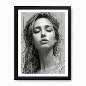 Pretty sad woman, line drawning, aesthetic painting, lines, portait 3 Poster