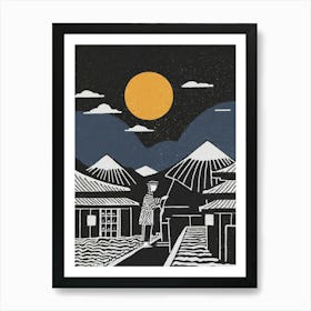 A Quiet Evening Scene With A Sake Vendor Under The Moonlight Ukiyo-E Style Art Print