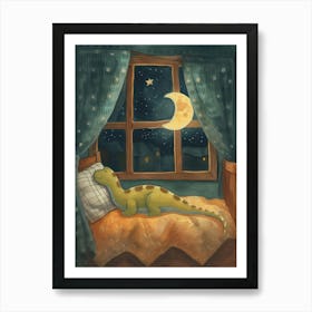 Dinosaur In Bed With The Moon 1 Art Print