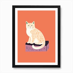 White Cat Orange Background Illustration 4 Art Print