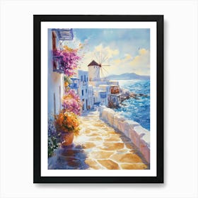 A vibrant watercolor painting of Mykonos Art Print