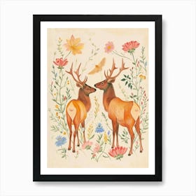 Folksy Floral Animal Drawing Elk Art Print