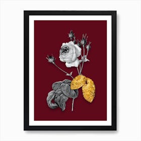 Vintage Cabbage Rose Black and White Gold Leaf Floral Art on Burgundy Red n.0343 Art Print