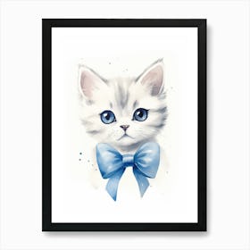 Cute Kitten With Blue Bow watercolor illustration Art Print