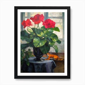 Flower Vase Anthurium With A Cat 4 Impressionism, Cezanne Style Art Print