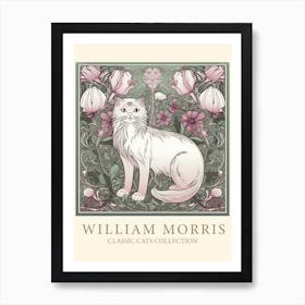 William Morris  Inspired  Classic Cats White Cat Sage And Pink Art Print