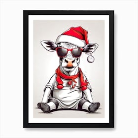 Cow Christmas Hat Art Print