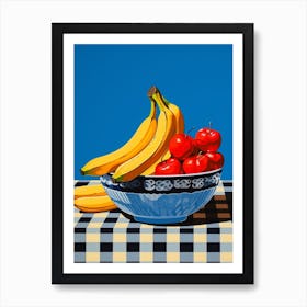Bananas In A Bowl Blue Checkerboard 1 Art Print