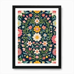 Painted Spring and Summer Flowers Boho Pattern - Navy Background Pink Yellow Turquoise Bohemian Wallpaper Art Like Amy Butler and William Morris Fabric Print For Lunar Pagan Gallery Feature Wall Floral Botanical Luna Lover HD Art Print