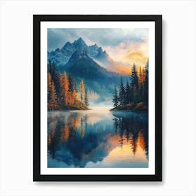 Serene Mountain Landscape At Sunrise – Misty Reflections Nature Art Print Art Print