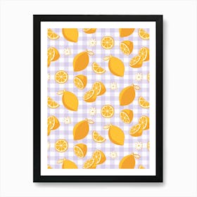 Lemon Pattern on Lilac Purple Gingham Art Print