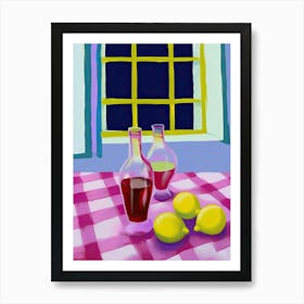 Lemons On Checkered Table, Magenta Tones, Frenchch Riviera In Matisse Style 2 Art Print