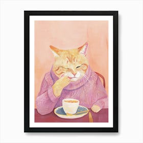 Tan Cat Having Breakfast Folk Illustration 3 Art Print
