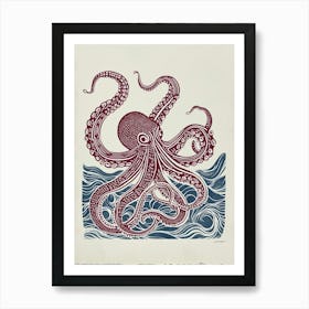 Red & Navy Blue Octopus In The Ocean Linocut Inspired 5 Art Print