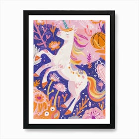Unicorn Playing Basketball Folky Orange Purple Art Print