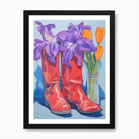 A Painting Of Cowboy Boots With Purple Lilac Flowers, Fauvist Style, Still Life 4 Art Print