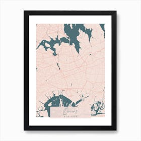 Queens New York Pink and Blue Cute Script Street Map 1 Art Print
