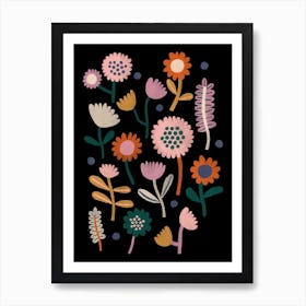 Flowers On Black Background Art Print