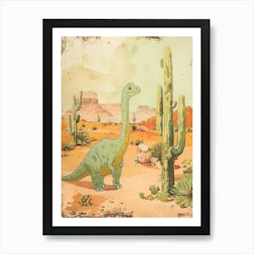 Dinosaur In The Desert With Cactus Storybook Watercolour 1 Art Print