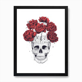 Skull With Red Peonies Art Print