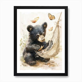 American Black Bear Cub Playing With A Butterfly Storybook Illustration 4 Art Print